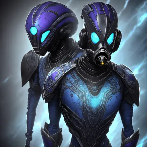 tall, blue-skinned alien with a sleek steel armor adorned with intricate blue patterns. Its gas mask is a futuristic design, covering its face while allowing visibility of its vibrant blue eyes. On top of its head, a bold blue and purple Mohawk adds a touc...