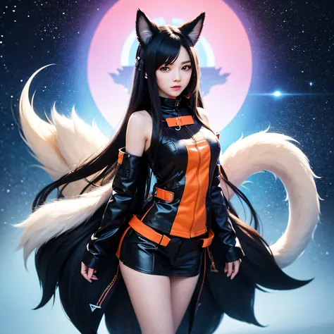 (8k,masterpiece,best quality),ahri, ahri_(league_of_legends), 1girl, absurdres, animal_ears, black_hair, detached_sleeves, distr...