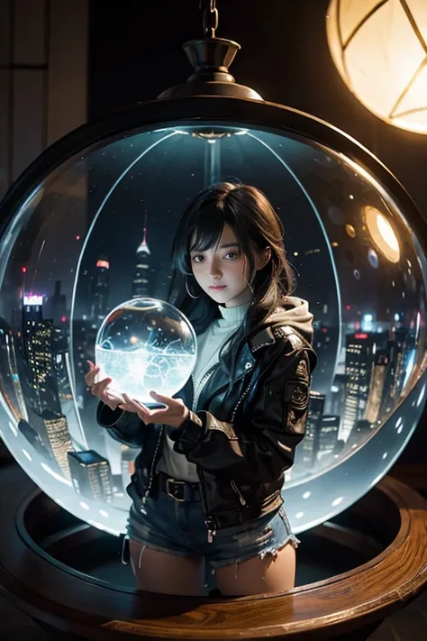 young perffect woman holding utopian city in the glass ball, little futuristic city in the glass bal inside, wearing rags dirty