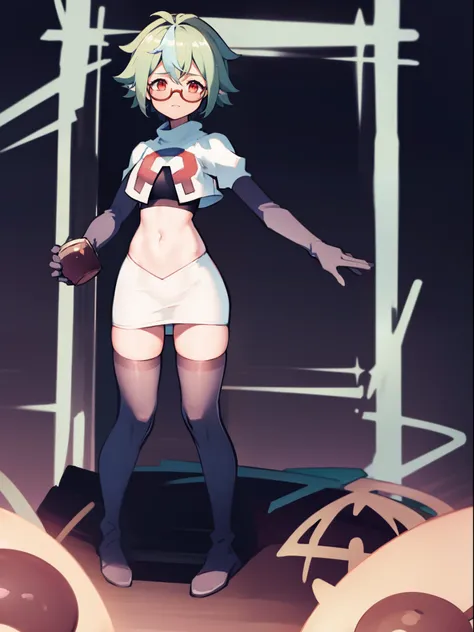 sucrose (genshin impact), glasses,team rocket,team rocket uniform, red letter R, white skirt,white crop top,black thigh-highs,black elbow gloves