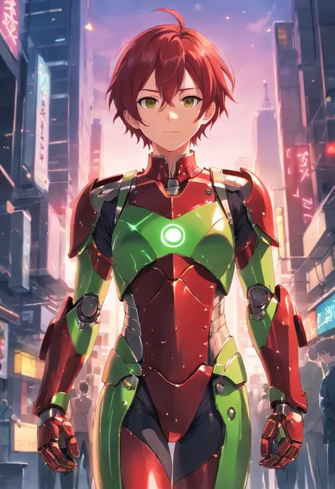 ((masterpiece)), ((best quality)), ((highres)), young man, tall, thin, slicked back red hair, short hair, smirking, liquid metal chrome armour, full body armour, green eyes, standing, full body