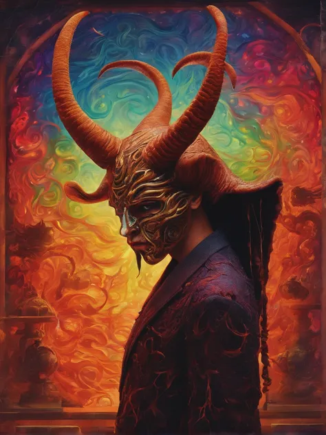 photo realistic,, realistic dark, surreal, beautiful exotic demon man with large ram horns and a Carnevale di Venezia mask, large breasts wearing an open long black latex robe showing his body underneath, devil man, giger, horns, scary aesthetic, nightmare...