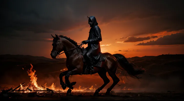 Make a picture of a grim reaper riding a black horse of darkness, with demonic red eyes, with an apocalyptic background of red sky and fire. High definition. Realist.