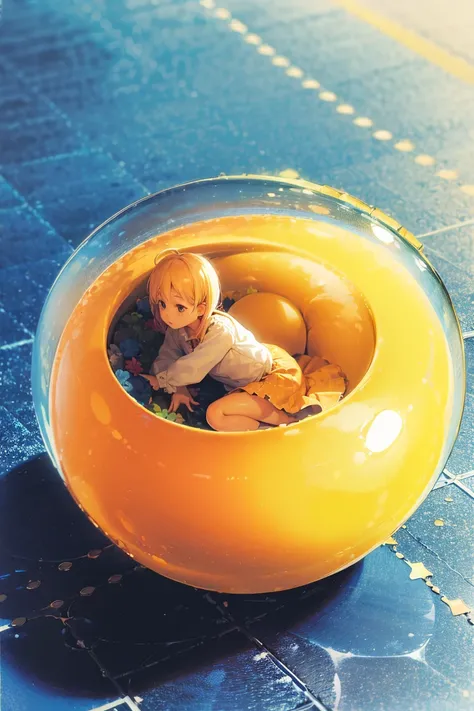 (8K, Realistic, Photorealsitic:1.5), masutepiece, Best Quality, High resolution, Extremely detailed, Detailed background, Cinematic lighting，Clear glass floor， 1 child，flat chest，small stature（tchibi），child breaking glass ，cream eyes，Light blonde hair, (Ye...