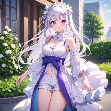 Masterpiece, best quality, 1girl, solo, Emilia re:zero, white hair, purple eyes, long hair, sexy, white flower hair ornament, x hair ornament, crown braid, medium breasts, jean shorts, white sports bra, in street,