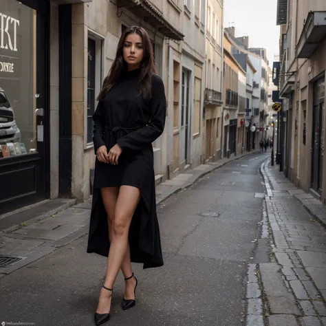 femme marocaine, avec des cheveux longs et flottants, prendre des poses pour un appareil photo, modeler une robe noire et un jean noir, associé à des talons hauts. Des yeux bien définis, dressed in&#39;une robe noire avec un tricot blanc, elle pose avec co...