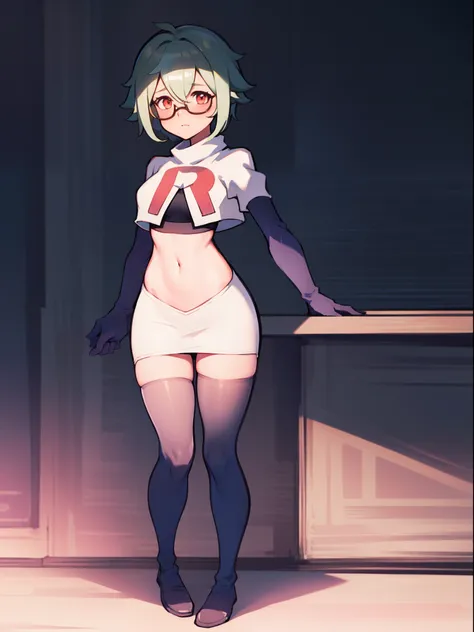 sucrose (genshin impact), glasses,team rocket,team rocket uniform, red letter R, white skirt,white crop top,black thigh-highs,black elbow gloves