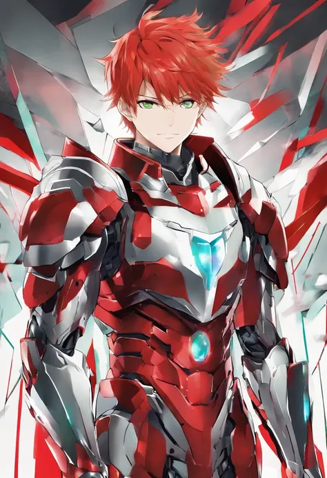 ((masterpiece)), ((best quality)), ((highres)), young man, tall, thin, slicked back red hair, short hair, smirking, liquid metal chrome armour, full body armour, green eyes, standing, full body