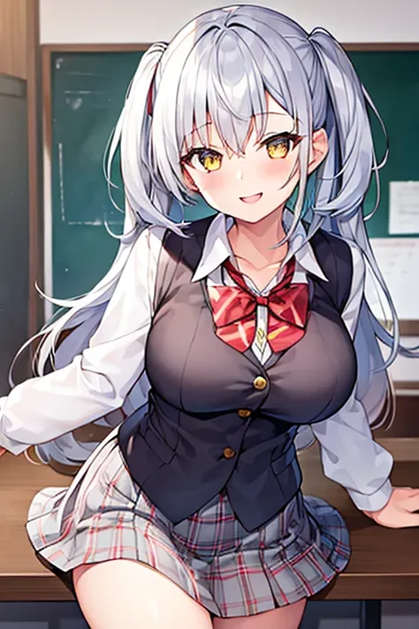 1girl, breasts, white shirt, bowtie, red bowtie, blue skirt, gray hair, grey hair, yellow eyes, smile, school uniform