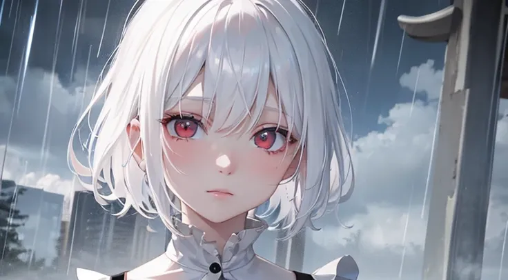 albino girl playing outside in the rain, red eyes, white hair, blue dress, masterpiece