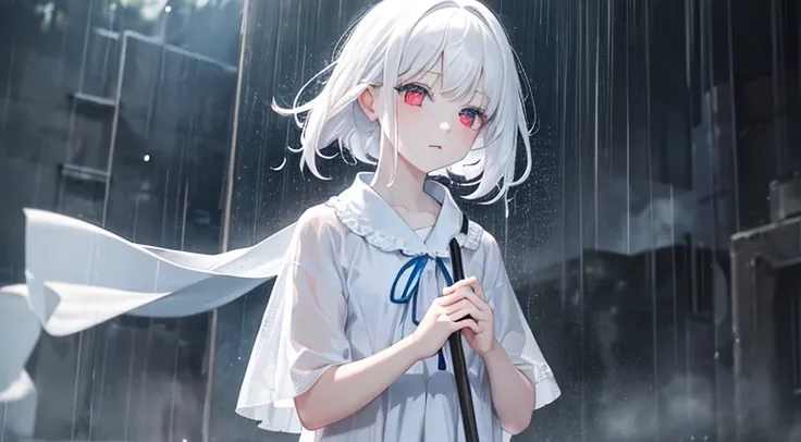 albino girl playing outside in the rain, red eyes, white hair, blue dress, masterpiece