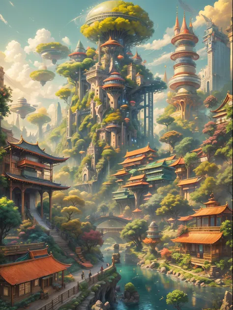 (((A utopian world full of futuristic science fiction and fairy tale elements，Mechanical metal combined with classical mythological elements)))，(In this illustration of a utopian world，describe a fairy tale、An ideal country with science fiction elements。A ...