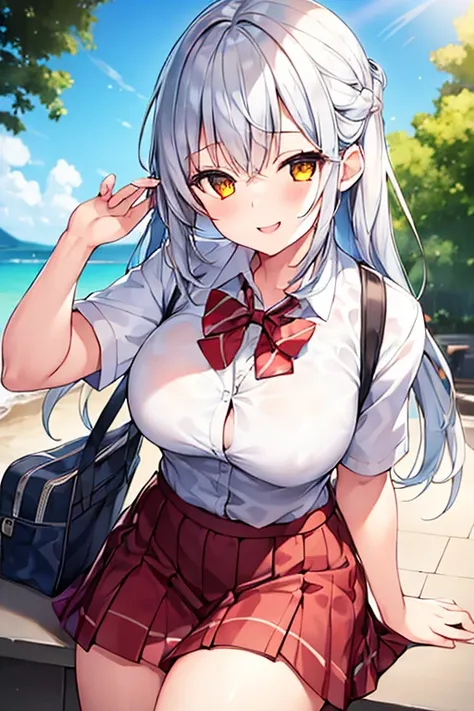 1girl, breasts, white shirt, bowtie, red bowtie, blue skirt, gray hair, grey hair, yellow eyes, smile, school uniform