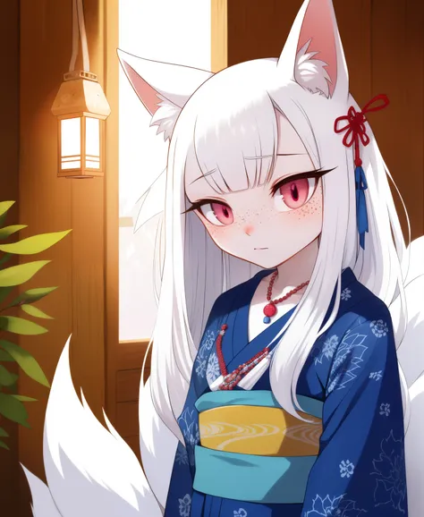 white fur, nine tails, blue japanese kimono, necklace, long hair, shy, freckles, shy face, nine tails, masterpiece, illustration...