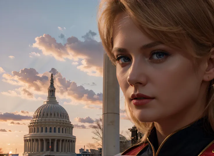 Hermosa mujer rusa, cabello rubio, ojos azules, labios rojos, soviet style red military uniform, al fondo se puede ver el capitolio de Washington DC, cielo rojo, 4k, Imagen ultra detallada, realista, Altamente detallado, perfect composition, splendid, Intr...