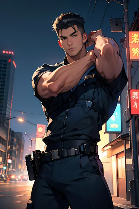 Anime Asian male police officer, 20 age, Wearing a navy police uniform, high-res, masterpiece, Best qualtiy, head:1.3,((Hasselblad photo)), Realistic skin, Clear focus, (Cinematic lighting), During the night, gentle lighting, dynamic angle, [:(detailed fac...