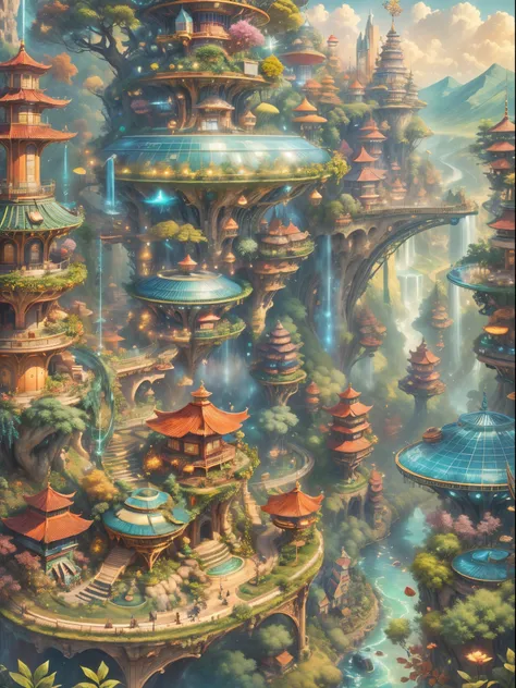 (((A utopian world full of futuristic science fiction and fairy tale elements,Mechanical metal combined with classical mythological elements))),(In this illustration of a utopian world,describe a fairy tale、An ideal country with science fiction elements。A ...