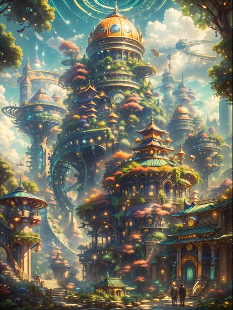 (((A utopian world full of futuristic science fiction and fairy tale elements，Mechanical metal combined with classical mythological elements)))，(In this illustration of a utopian world，describe a fairy tale、An ideal country with science fiction elements。A ...