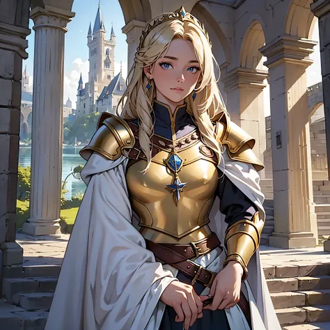 ​masterpiece, Best Quality, 4k, Very detailed, Close-up of a person&#39;Upper body body, Background with:In front of the stairs of a medieval castle built on a lake, Mature Rapunzel in golden armor and white cloak