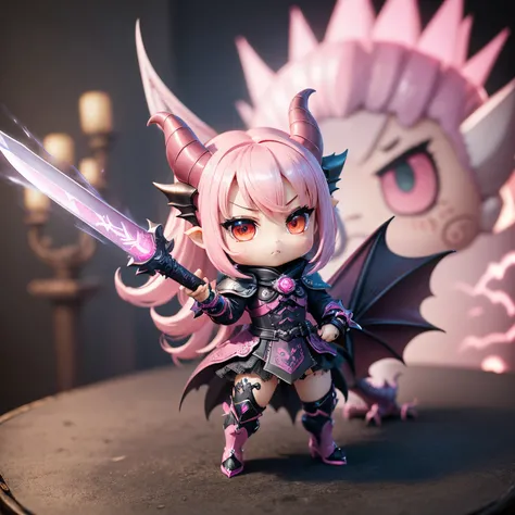 ​masterpiece、top-quality、ultra-detailliert、(Chibi character real pink dragon:1.2)//(wraith cosplay chibi character:1.2)、Long sword、spark of light、Fighting