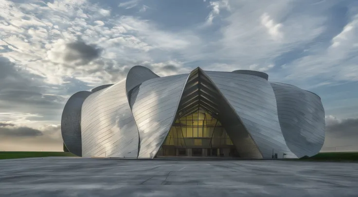 Sports building, exterior, open-air structure, ground floor,concrete, glass,steel,grass, behind is clouds and mountains, inside there is a soft light