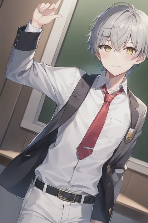 1boy, necktie, red necktie, white shirt, pants, blue pants, school uniform, yellow eyes, gray hair, grey hair, very short hair, smile, school uniform, belt