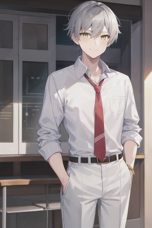 1boy, necktie, red necktie, white shirt, pants, blue pants, school uniform, yellow eyes, gray hair, grey hair, very short hair, smile, school uniform, belt