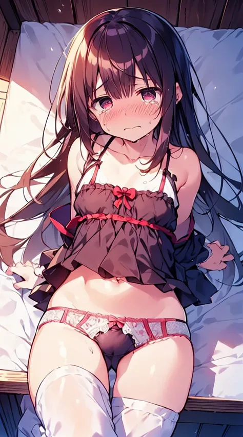 masutepiece, Best Quality,Illustration, Wallpaper, Ultra Detail, Little Face Lori、(((molesting)))、((fear:1.3))、(Teary-eyed:1.5)、(((Cute underwear)))、ample breasts、Cherry-colored nipples、medium-Long hair