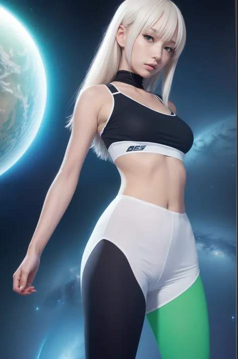 anime, space scene, alien girl tight clothes, green skin, white hair