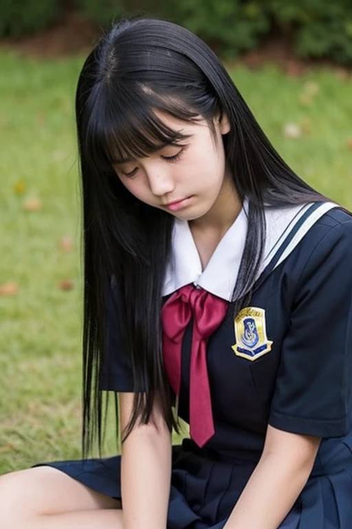 A 16-year-old high school girl with long black hair and wearing a school uniform sits while crying.