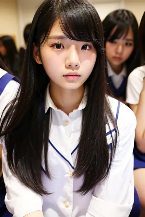 A 16-year-old high school girl with long black hair and wearing a school uniform sits while crying.