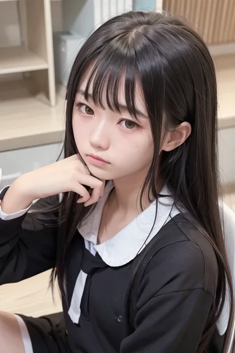 A 16-year-old high school girl with long black hair and wearing a school uniform sits while crying.