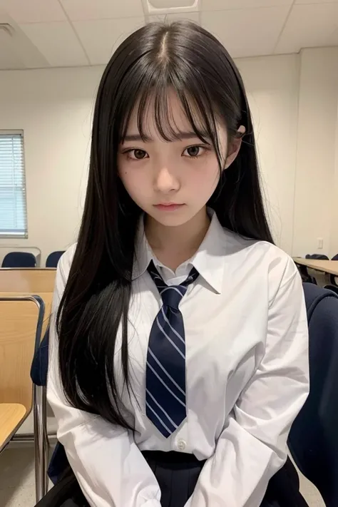 A 16-year-old high school girl with long black hair and wearing a school uniform sits while crying.