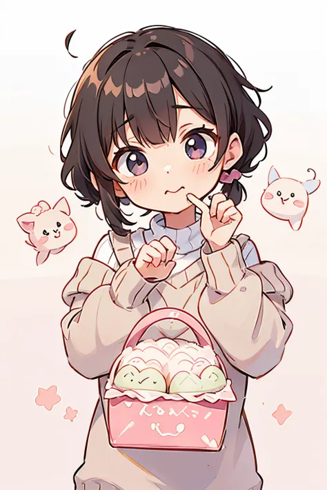 Shoulder sweater, Curly shorthair, hair scrunchie, Twin-tailed, kawaii pose、Eat mochi