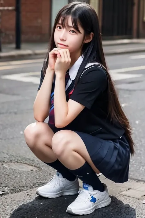 A 16-year-old high school girl with long black hair and wearing a school uniform is squatting down with tears streaming down her face.