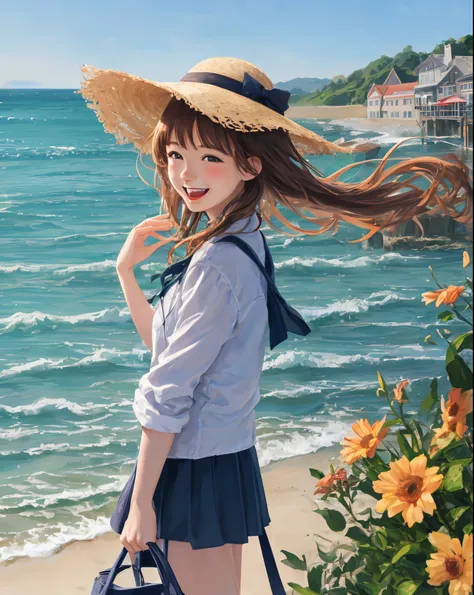 Girl with long hair laughing at the seaside in summer