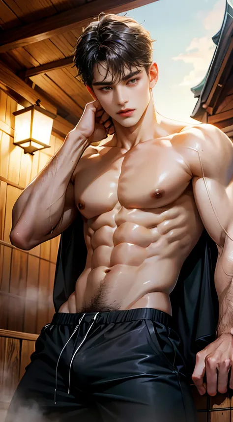 (absurderes, A high resolution, Ultra detailed, hdr), Masterpiece, Best quality, Portrait of a boy, Handsome boy with brown eyes, Detailed face, Professional photo, The Arafards went into battle shirtless, legs are open, Lie comfortably， (puffynipple(From ...