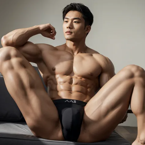 Korean Man, Sexy man, wearing a body-tight black sportswear, Bottom wearing Triangle mans underwear, Bodybuilder, Muscular body, big muscle, Short and delicate hair, Natural eyes, 
 looking up at viewer, taned skin, big bulge, thick-thighs, Open legs, Mast...