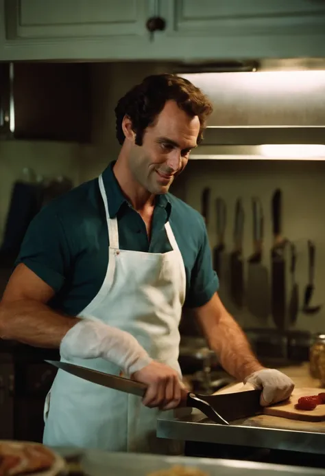 A photo of Ted smirking while sharpening a large knife in a dimly lit kitchen,real life,Ted Bundy, 1970s aesthetic, male