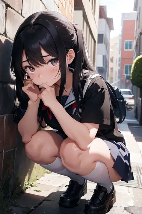 A 16-year-old high school girl with long black hair and wearing a school uniform is squatting down with tears streaming down her face.