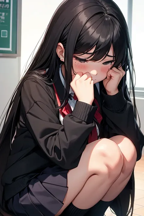 A 16-year-old high school girl with long black hair and wearing a school uniform is squatting down with tears streaming down her face.