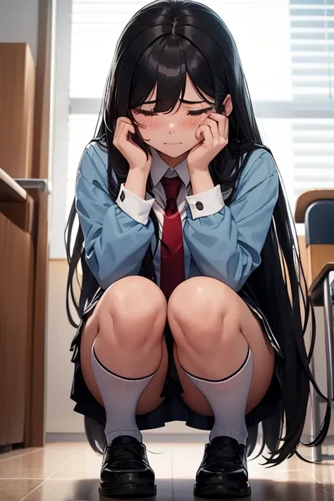 A 16-year-old high school girl with long black hair and wearing a school uniform is squatting down with tears streaming down her face.