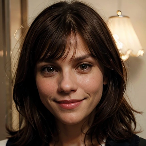 Busty 50yo Claire danes with dark brown hair, with bangs, looking at the camera, smiling, (bulbous nose)