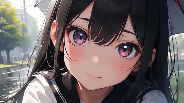 (best quality,ultra-detailed,highres:1.2),dark and rainy weather,close-up of a high school girls face,seeking refuge from the rain in a park,upturned eyes,sailor-style school uniform,cute and understated,black long hair,anime-style illustration with a touc...