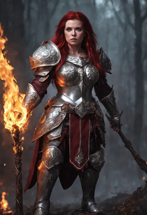 an dwarf female with dark-red hair, wearing silver armor, large breasts, full body pose, holding a silver staff wreathed in fire