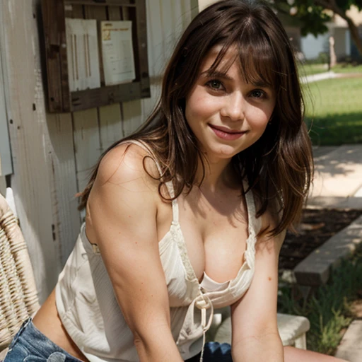 Busty 50yo Claire danes with dark brown hair, with bangs, looking at the camera, smiling, (bulbous nose) (slightly large mouth), cleavage, tanktop, legs,