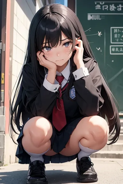 A 16-year-old high school girl with long black hair and wearing a school uniform, squatting down and opening her legs while shedding tears.