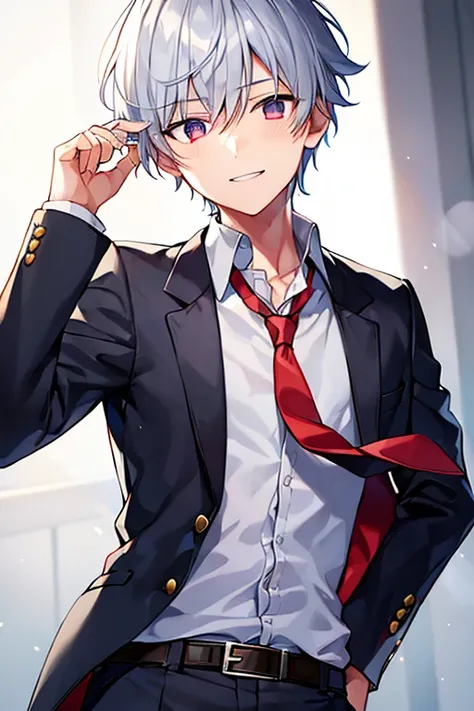 1boy, necktie, red necktie, white shirt, pants, blue pants, school uniform, black eyes, gray hair, grey hair, very short hair, smile, school uniform, belt, fingerless gloves, scar, torn clothes, glowing eyes