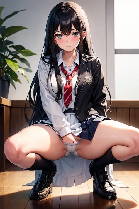 A 16-year-old female high school student with long black hair and wearing a school uniform squats down with tears in her eyes, opening her legs and showing her white panties.