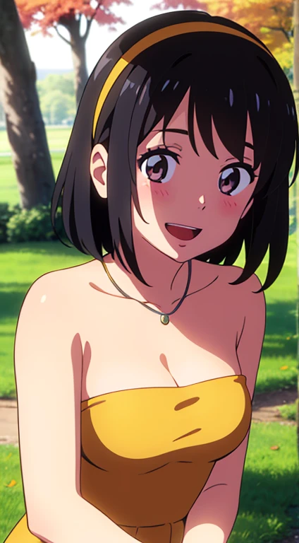 (masterpiece, best quality, high quality, highres, ultra-detailed), shinkai makoto, kimi no na wa., 1girl, bangs, black hair, blush, bright eyes, brown eyes, headband, looking at the viewer, red hairband, strapless, ruffle off-the shoulder dress, white dre...